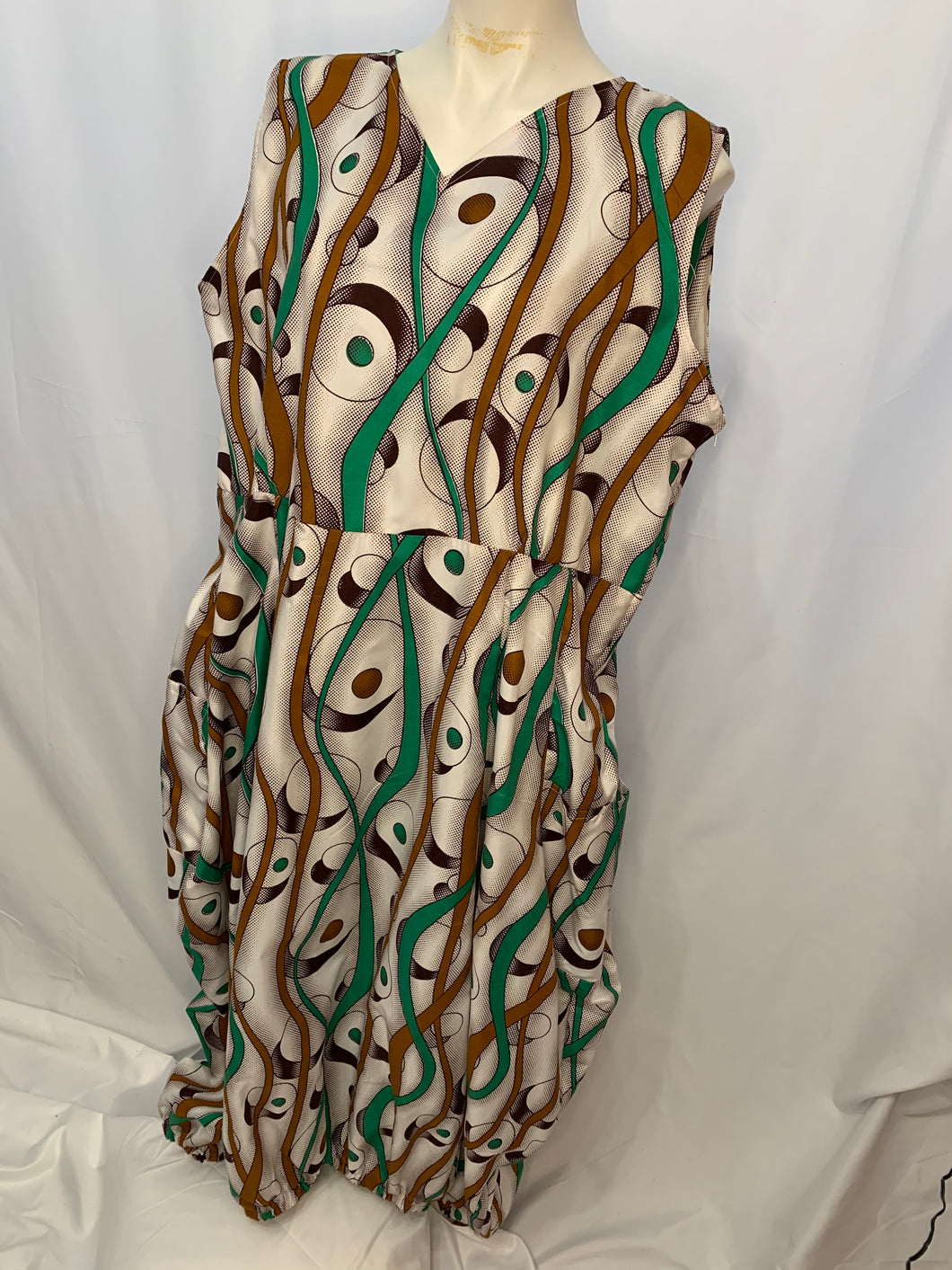 Handmade Big Pockets White Turquoise and Brown Maxi Dress One Size