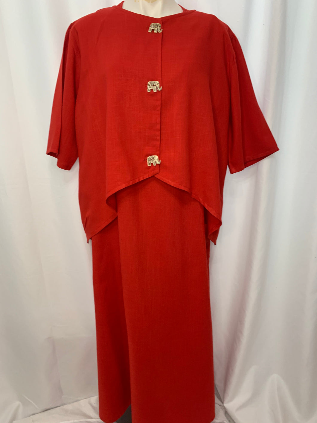 Red Two Pcs Linen Maxi Dress Jacket Set One Size L-XL